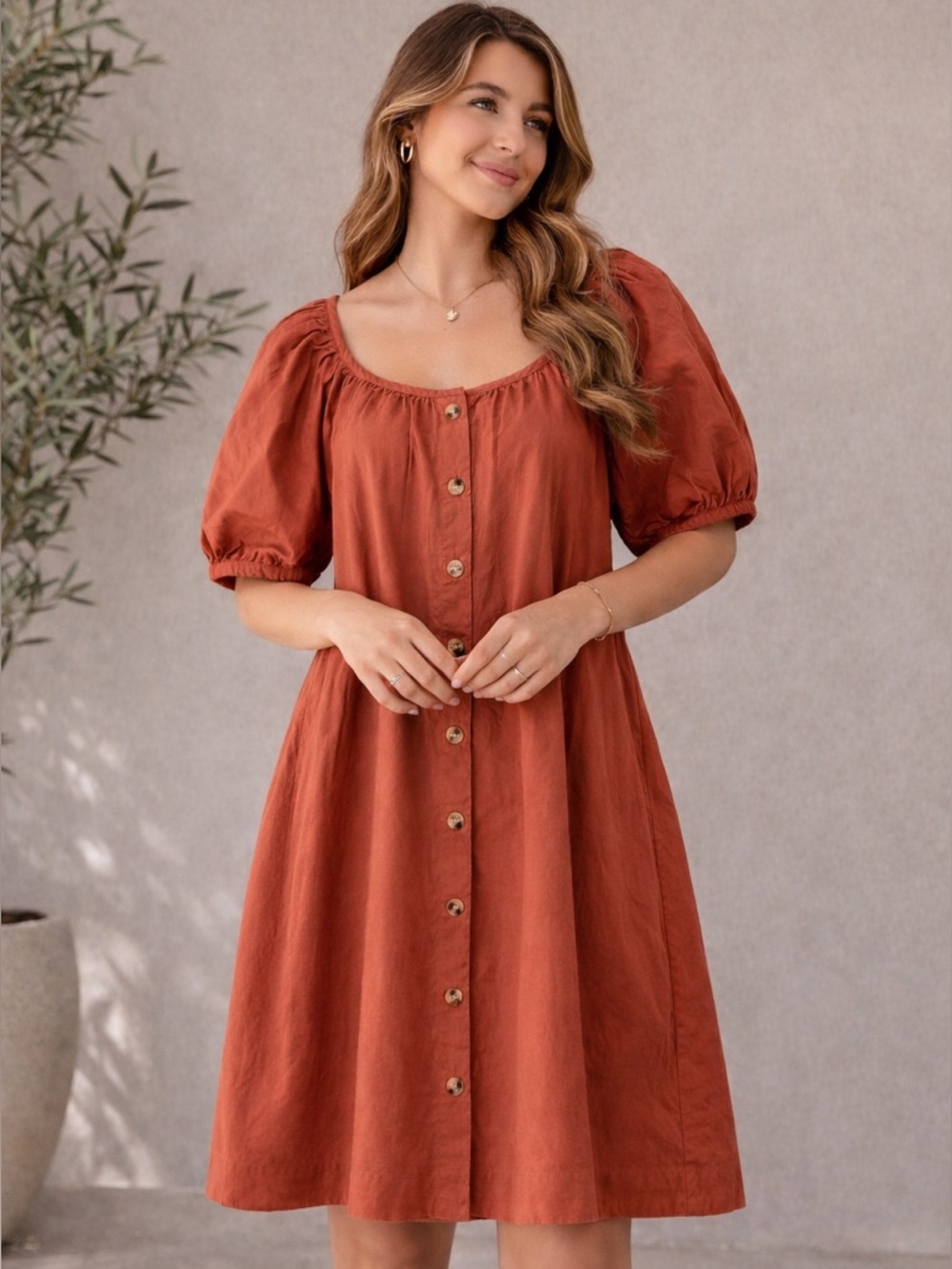 Livro Day Dress Terracotta Cotton Puff Sleeve Button Down Small Pockets Cottage